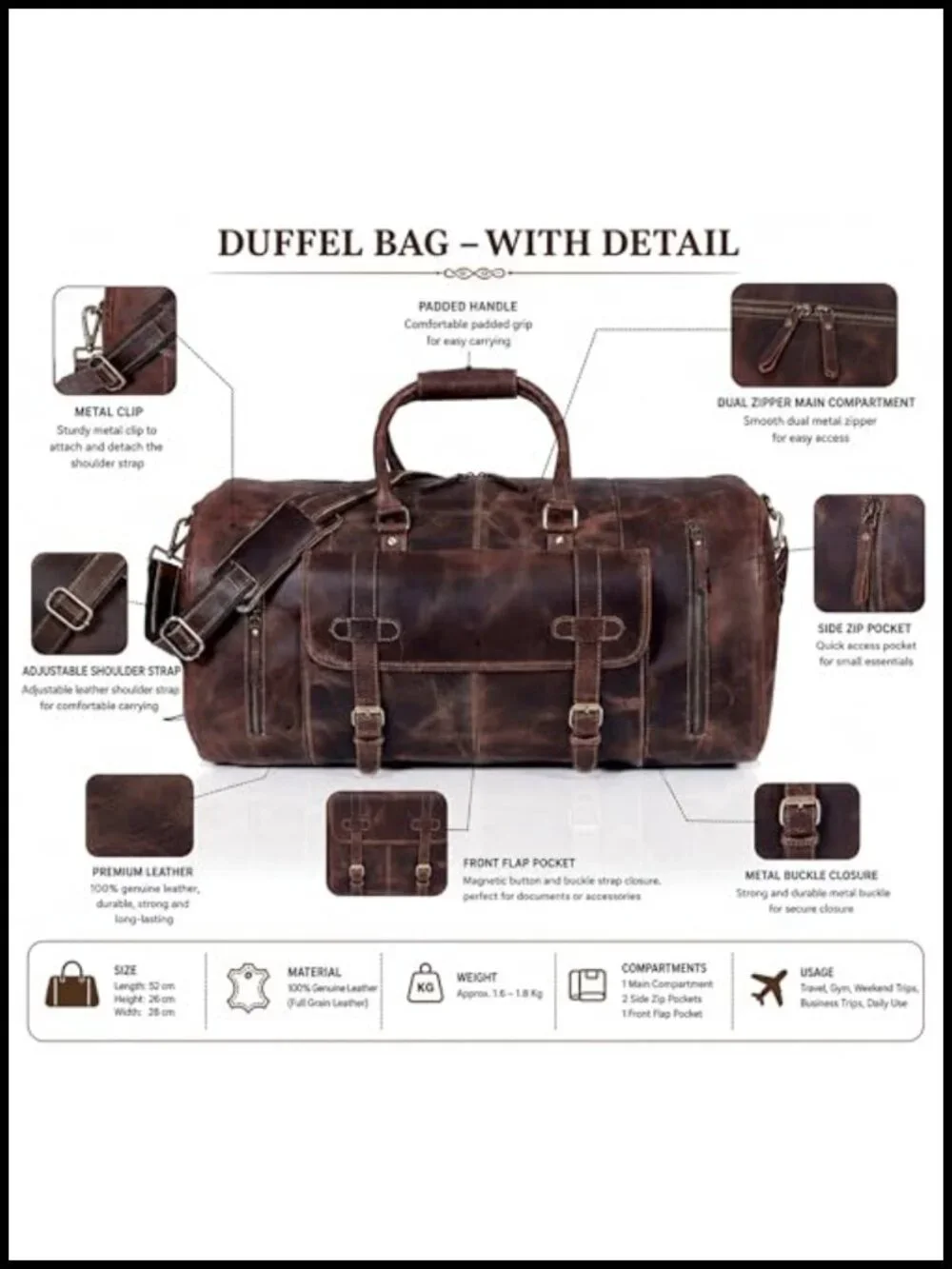 Genuine Leather Duffle Bag 24 Inch Travel Weekender Overnight Sports Gym Carry